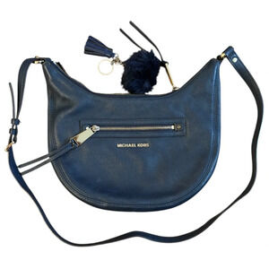 Michael Kors Rhea Blue Pebbled Leather Zipper Pocket Hobo Shoulder Bag crossbody